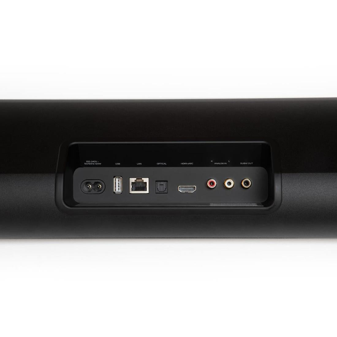 Rear of Bluesound Pulse Cinema sound bar showing I/O panel