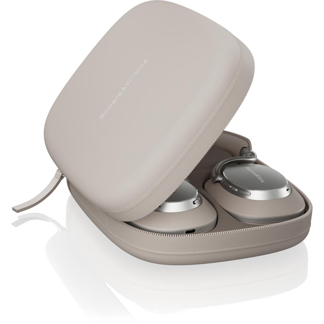 Warm Stone colored Bowers & Wilkins Px8 S2 carrying case with headphones inside