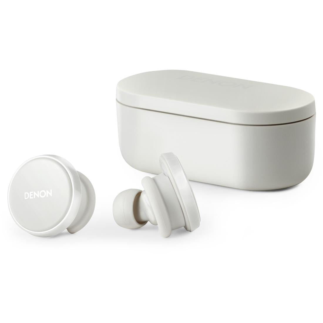 Denon PerL Pro white earbuds and case