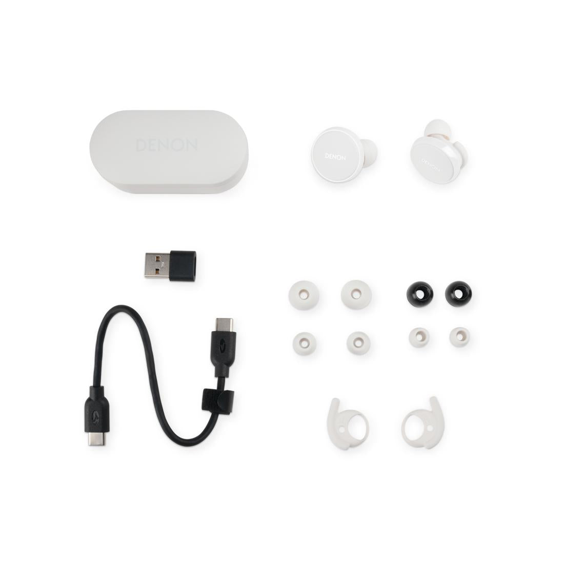 Denon PerL Pro earbuds and accessories (USB cable, ear tips, case)