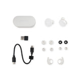 Denon PerL Pro earbuds and accessories (USB cable, ear tips, case)