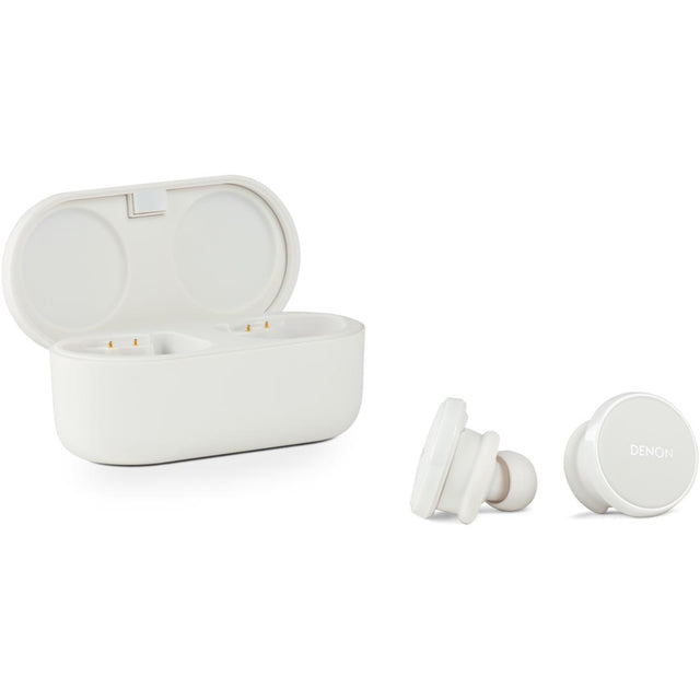 Denon PerL Pro white earbuds and case