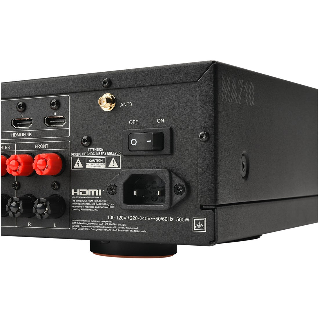 Back view of a JBL MA710 AV receiver with HDMI inputs, speaker terminals, power