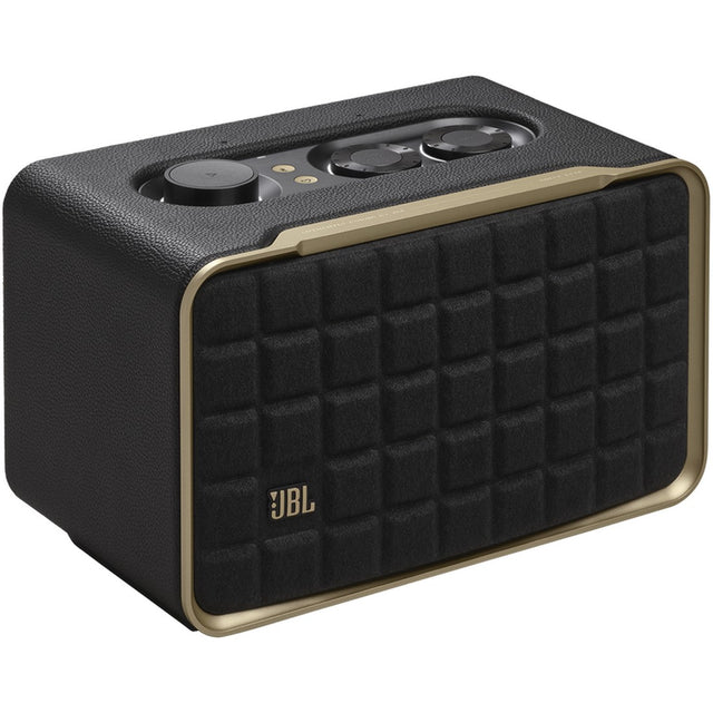 Black and gold JBL speaker on a white background