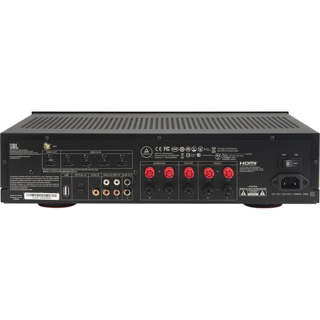 Back view of a JBL n electronic device with various ports and labels on a white background