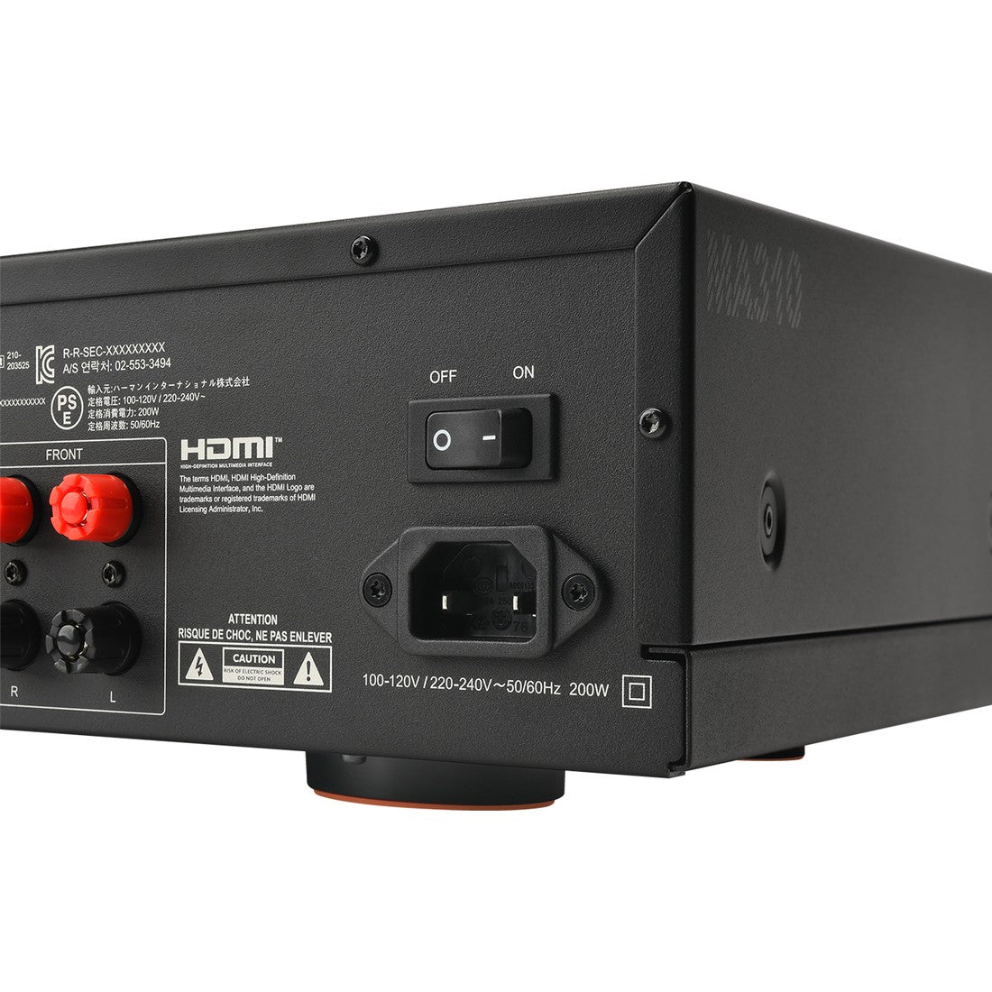 Back view of a black JBL MA310 A/V receiver with power control and socket