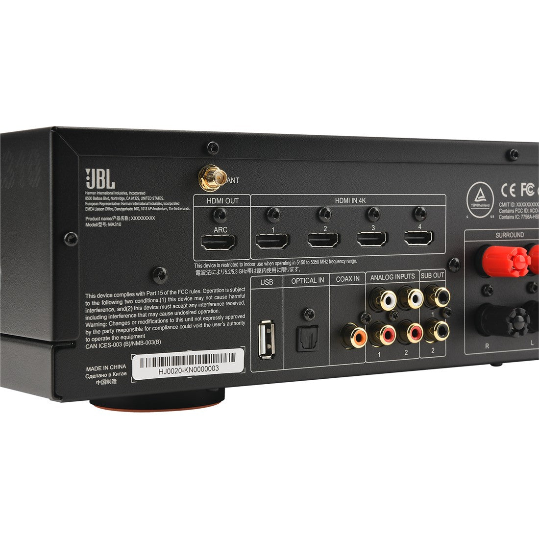Back panel of a JBL MA310 A/V receiver with various inputs and outputs.