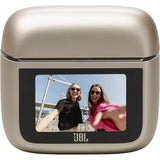 JBL Tour Pro 3 wireless earbuds Smart Charging Case with a screen displaying two women