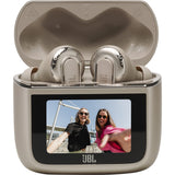 JBL Tour Pro 3 wireless earbuds in Smart Charging Case with touchscreen displaying two people.