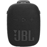 Black JBL portable speaker with a textured fabric grille and embossed control buttons and JBL logo, shown on a plain white background.