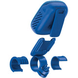 Blue bicycle handlebar clip-on speaker accessory set, shown with the main speaker unit and four mounting clips on a plain white background.