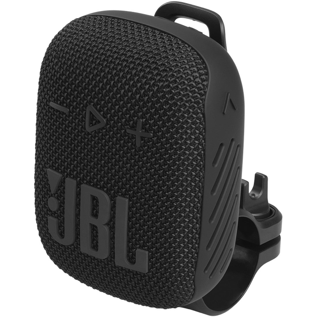 Black JBL speaker with a bike mount on a white background