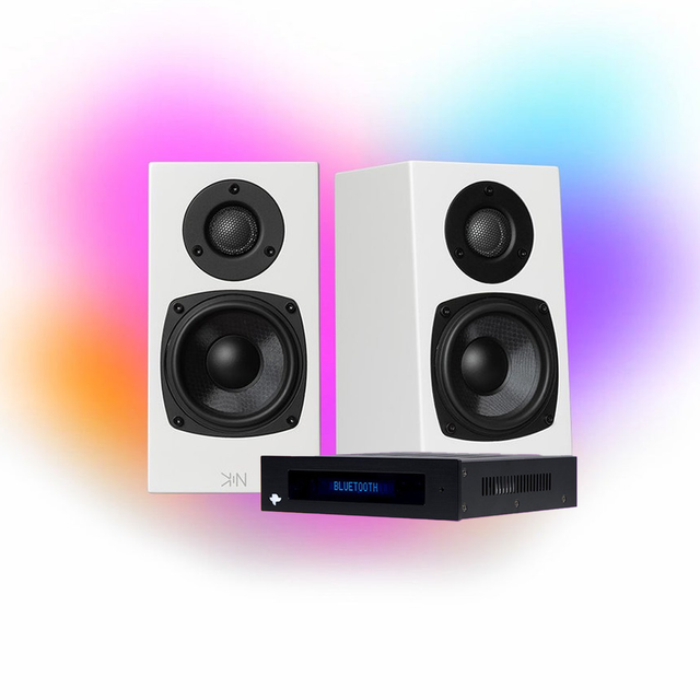 KIN One Bookshelf Speakers with 4" Woofer - Pair- WHITE | KIN Amp Bluetooth Stereo Amplifier - BLACK - BUNDLE