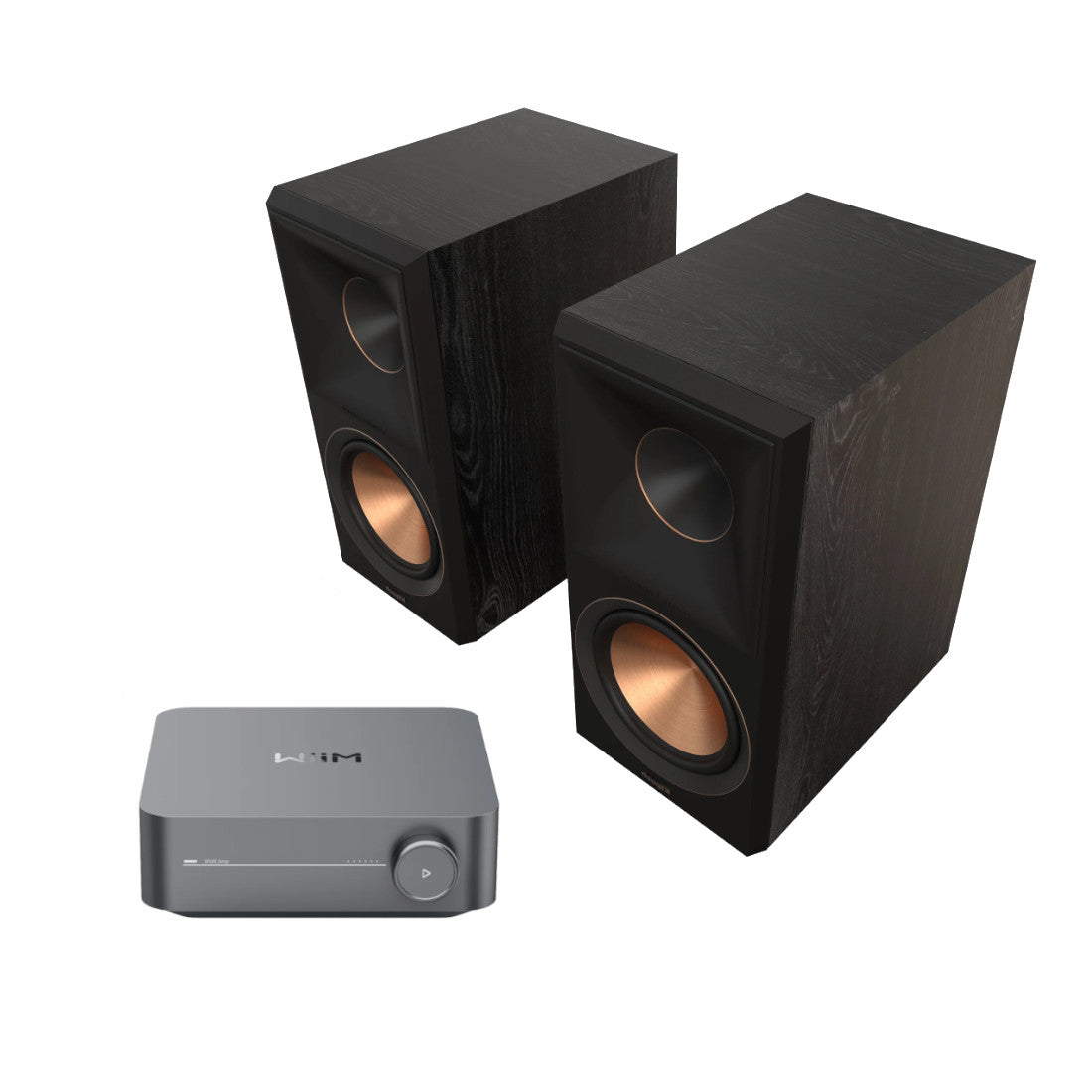 Pair of black Klipsch RP-600M II speakers with a WiiM Amp