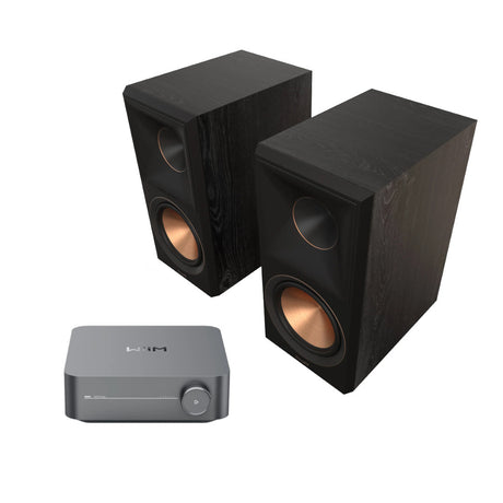 Pair of black Klipsch RP-600M II speakers with a WiiM Amp