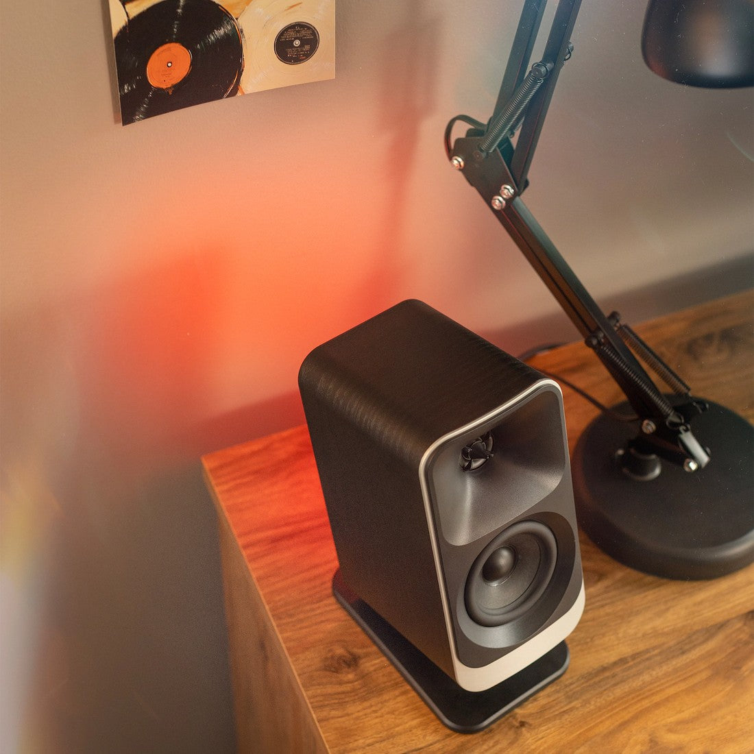 Klipsch Promedia Lumina Overhead Satellite Closeup with Red Light 2000x2000