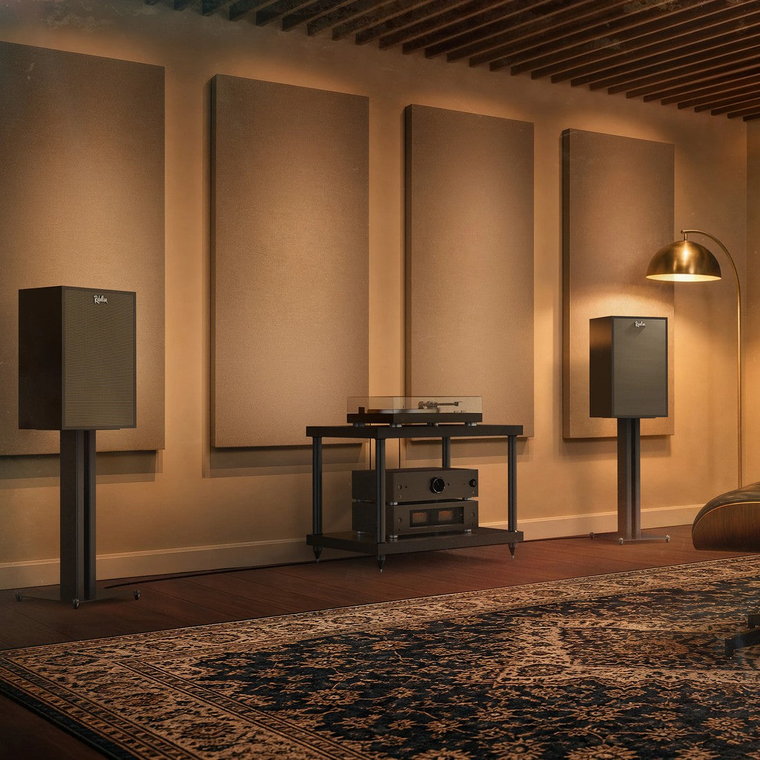 Klipsch Rebellion BK flanking turntable and amplifiers