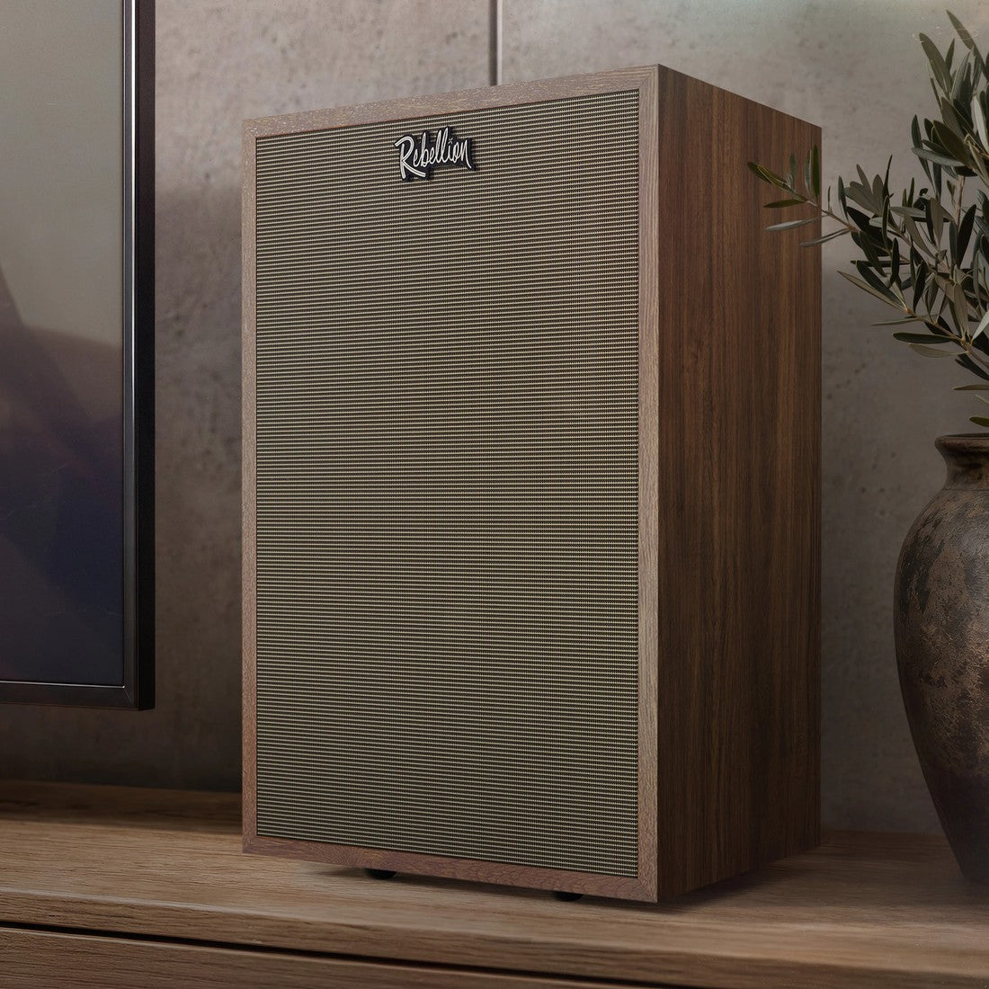 Klipsch Rebellion WN beside TV and plant