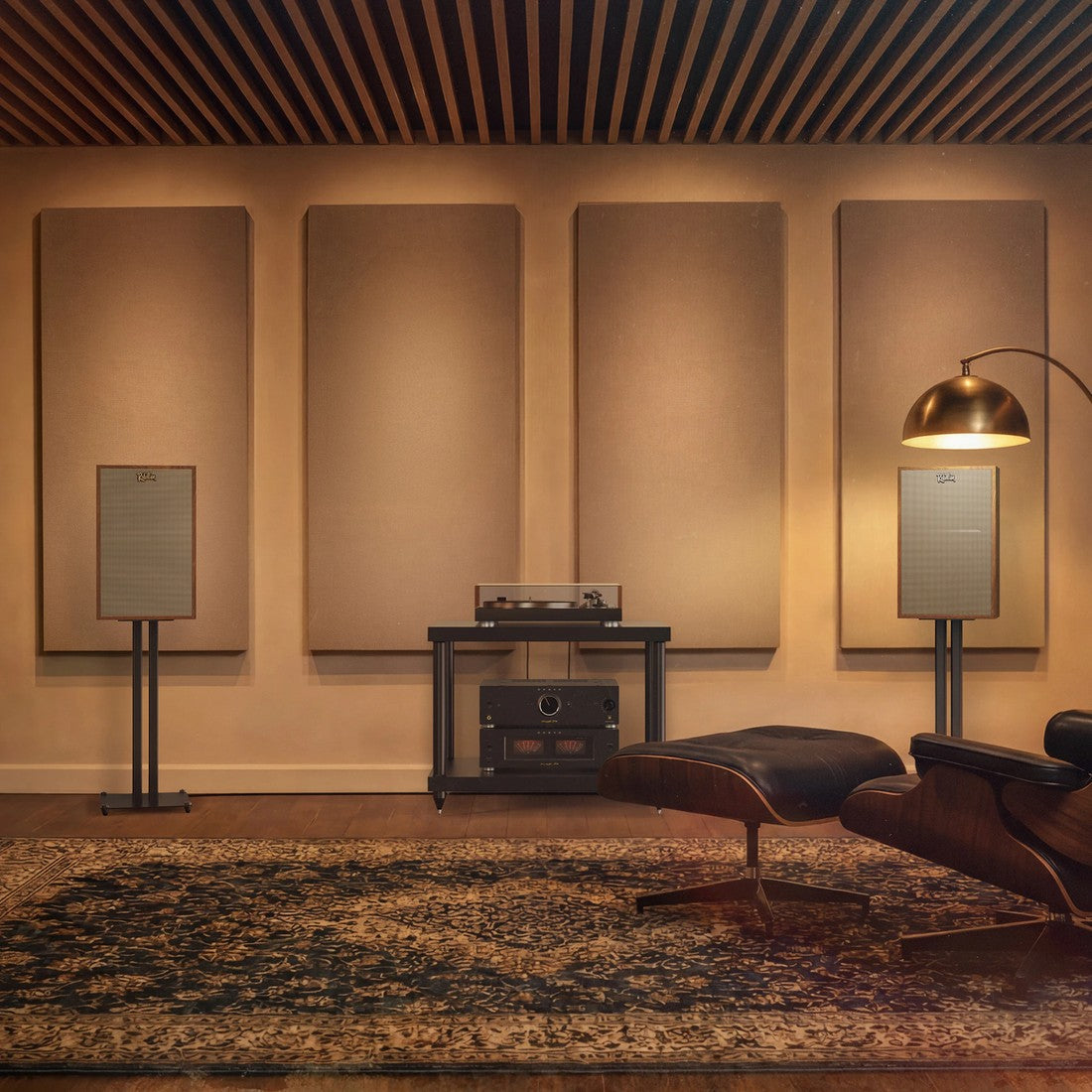 Klipsch Rebellion WN flanking turntable and amplifiers straight on