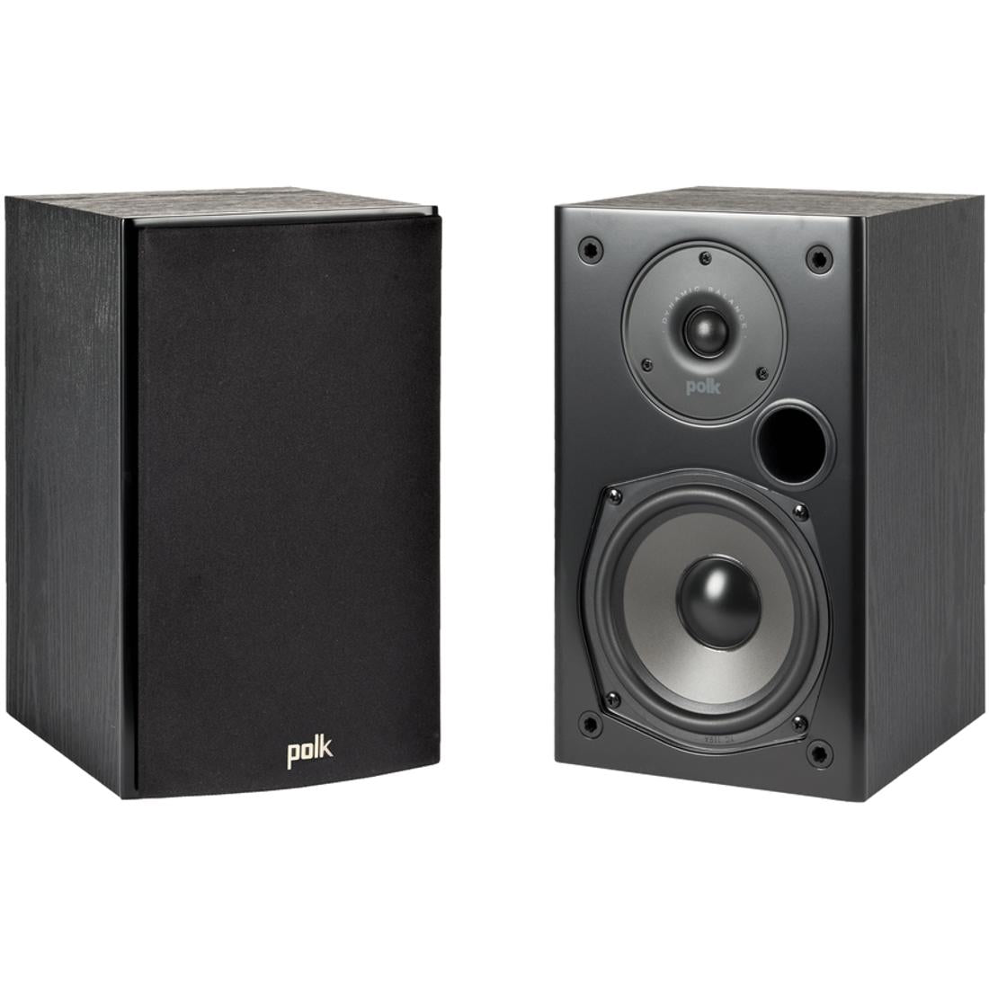 Pair of black Polk T15 bookshelf speakers