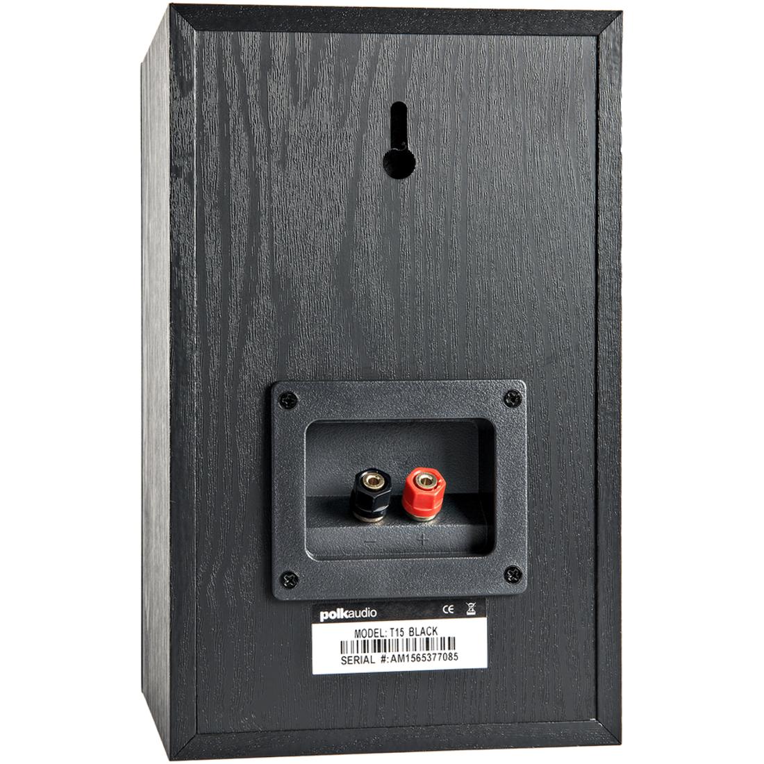 Back panel of a Polk Audio T15 speaker with audio connectors and keyhole slot