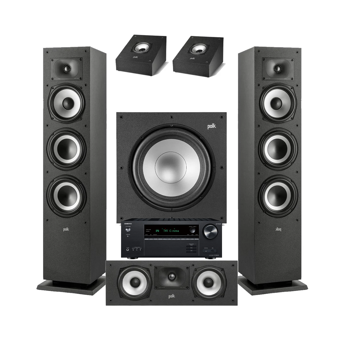 Onkyo TX-NR6100 7.2 Channel THX Certified Network A/V Receiver | Polk Audio XT60 Floor Standing Speakers – Pair | Polk Audio Monitor XT30 Center Channel | XT90 Height Speakers- Pair | Polk Audio XT12 12” Subwoofer - Bundle