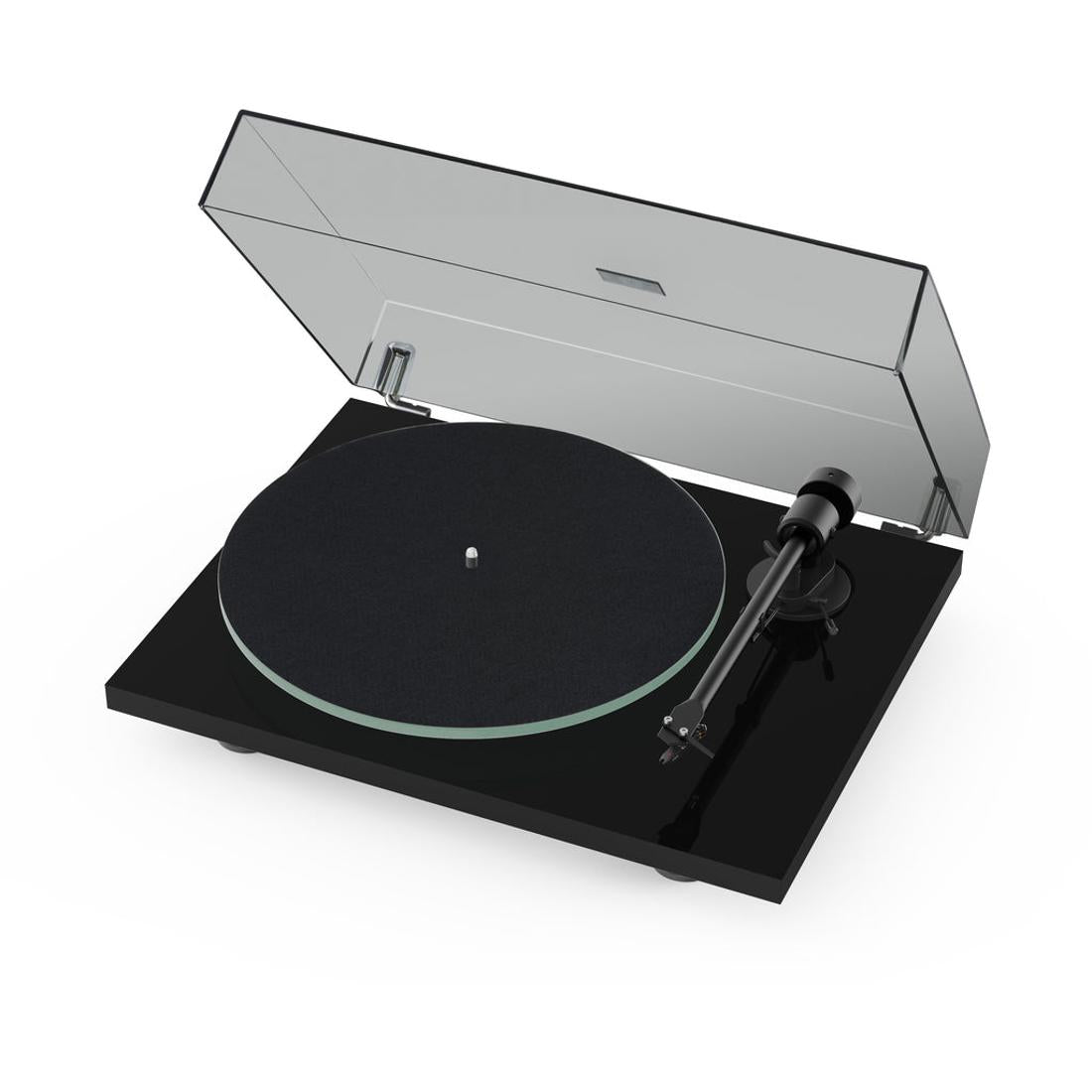 Black Pro-Ject T1 EVO turntable with open lid on a white background