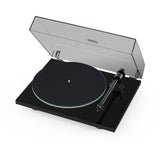 Black Pro-Ject T1 EVO turntable with open lid on a white background