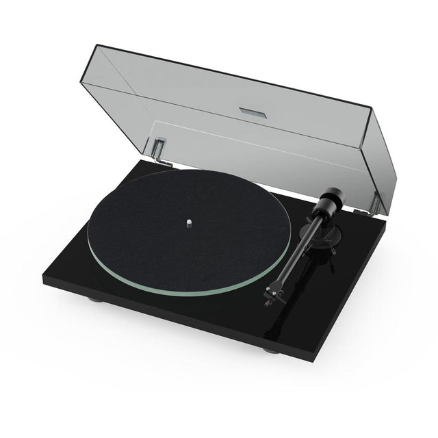 Black Pro-Ject T1 EVO turntable with open lid on a white background