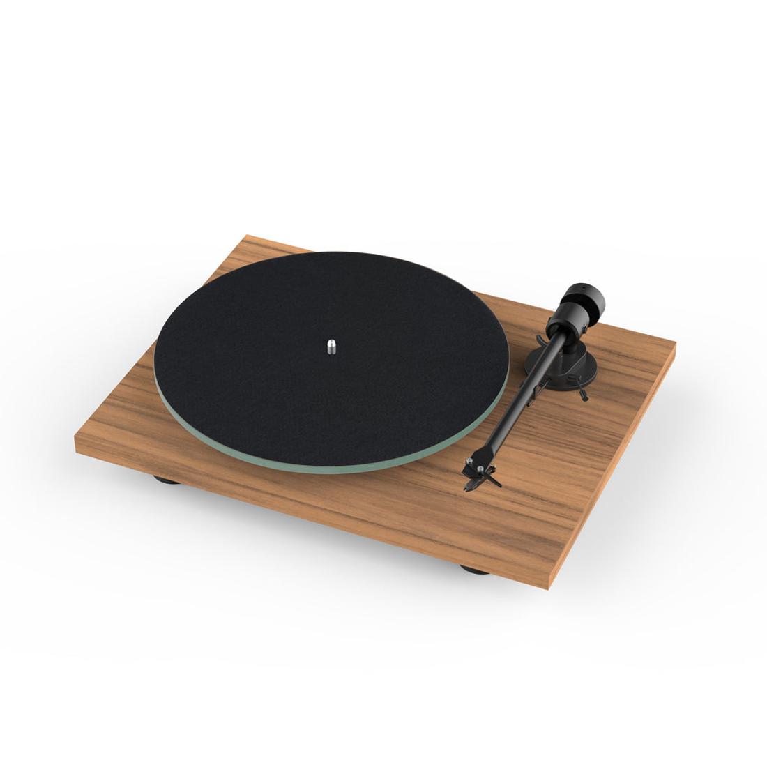 Turntable with wooden plinth and black felt mat on a white background