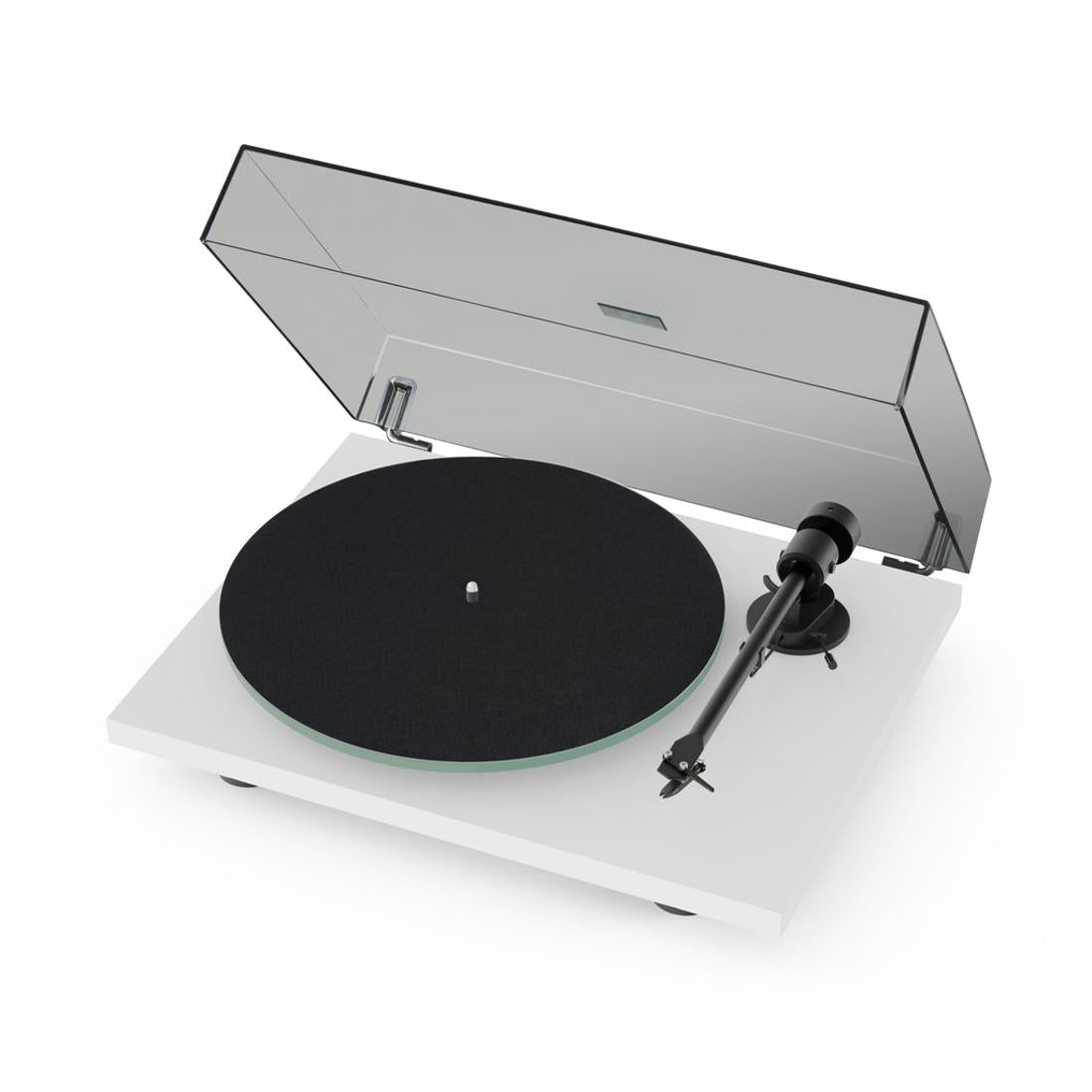 Pro-Ject T1 EVO turntable with open lid on a white background