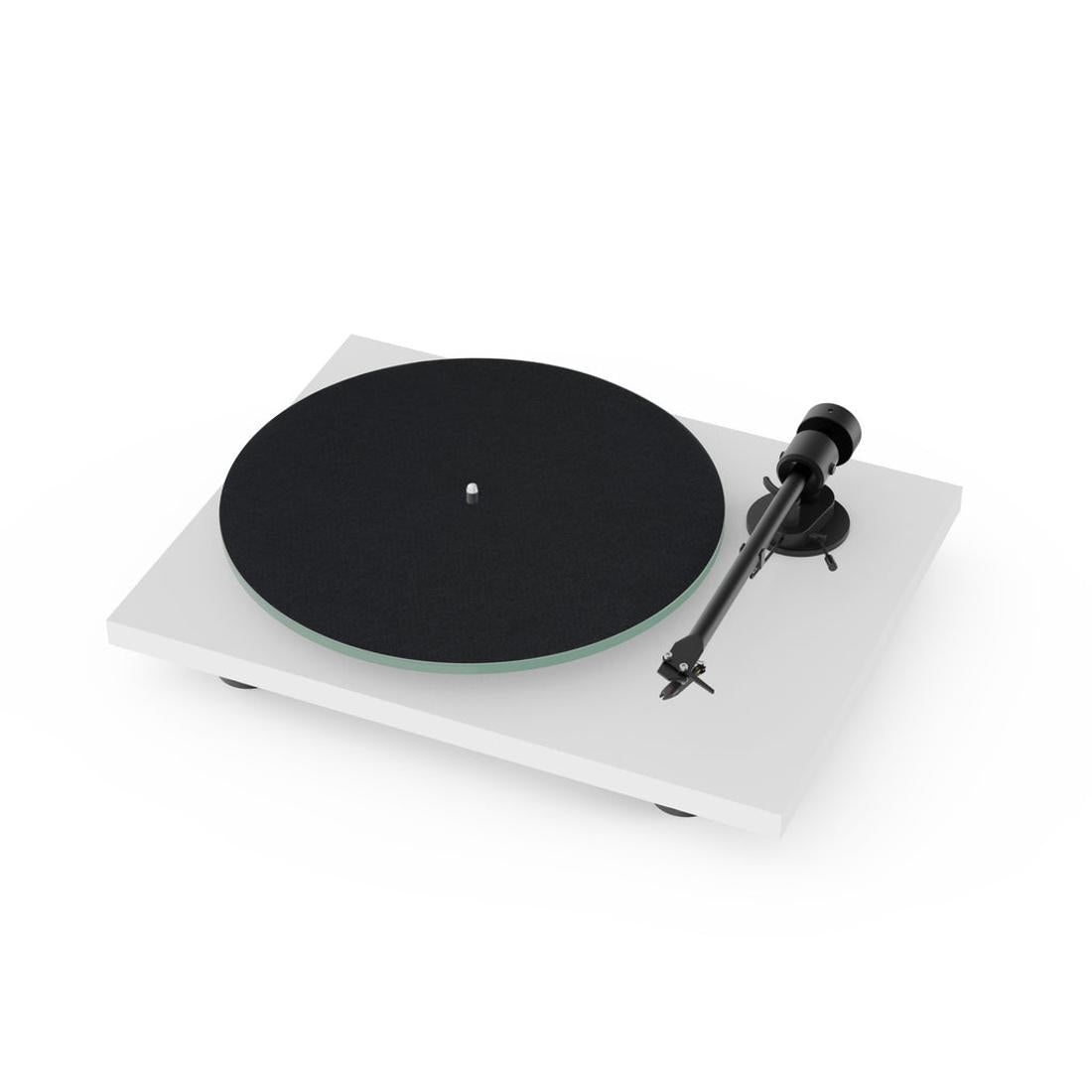 Pro-Ject T1 EVO turntable with black felt mat and white base on a white background