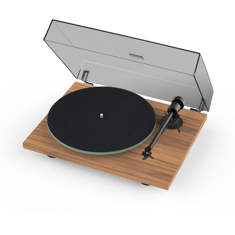 Turntable with wooden plinth and black felt mat on a white background
